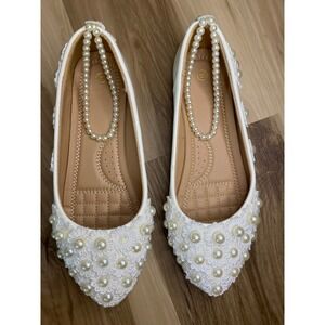 Ivory Lace Pearl Bridal Flats Pointed Toe‎ Wedding Shoes Ankle Strap 37